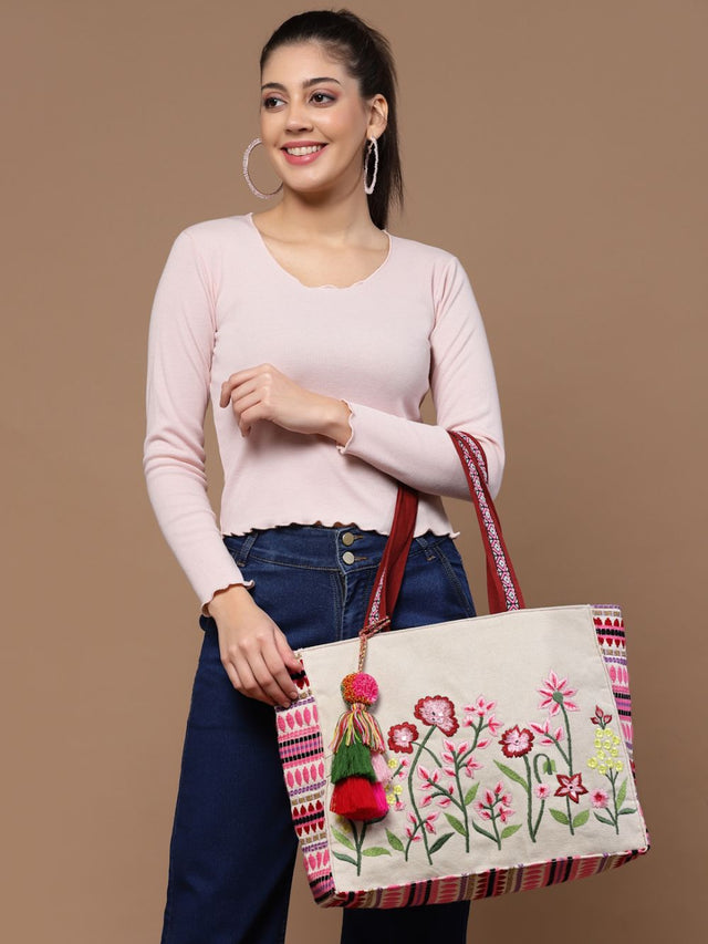Kooky Natural, Pink And Multi Boho Floral Embroidered Handloom Cotton Jacquard Tote Bag