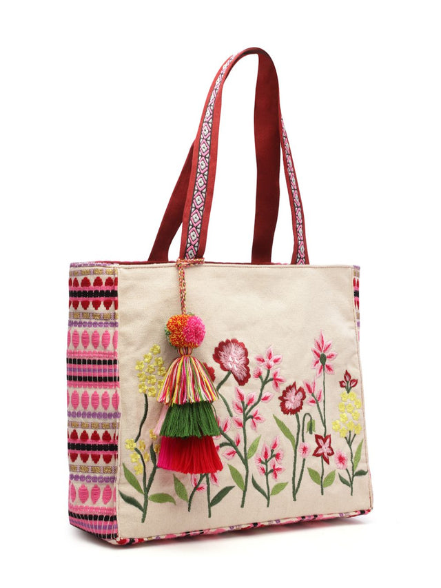 Kooky Natural, Pink And Multi Boho Floral Embroidered Handloom Cotton Jacquard Tote Bag