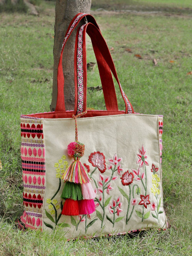 Kooky Natural, Pink And Multi Boho Floral Embroidered Handloom Cotton Jacquard Tote Bag