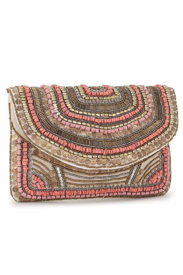 Beige And Dusky Pink Cotton Canvas Embellished Sling Bag (ADBT1006A)