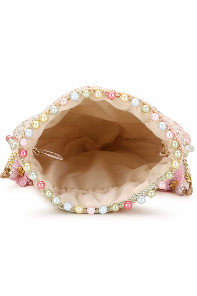 Off White And Pastel Multi Faux Silk Sequin Embroidered Potli