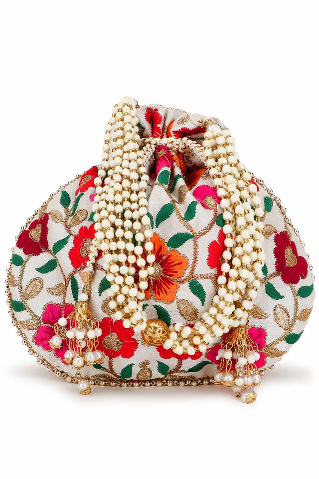 Cream And Multi Faux Silk Floral Embroidered Potli