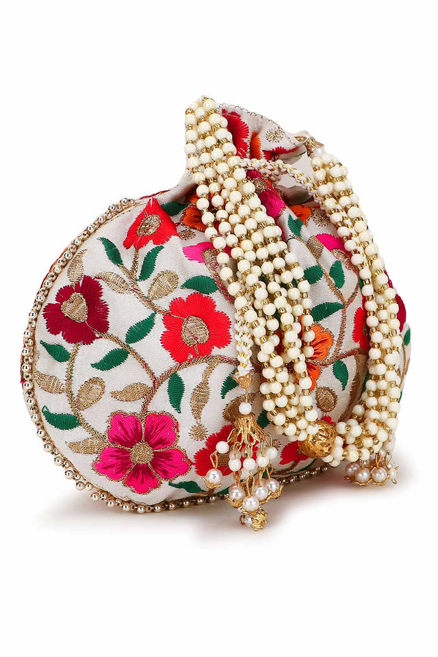 Cream And Multi Faux Silk Floral Embroidered Potli