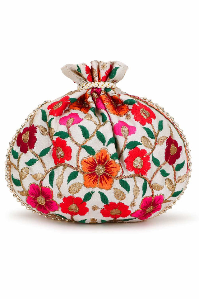 Cream And Multi Faux Silk Floral Embroidered Potli