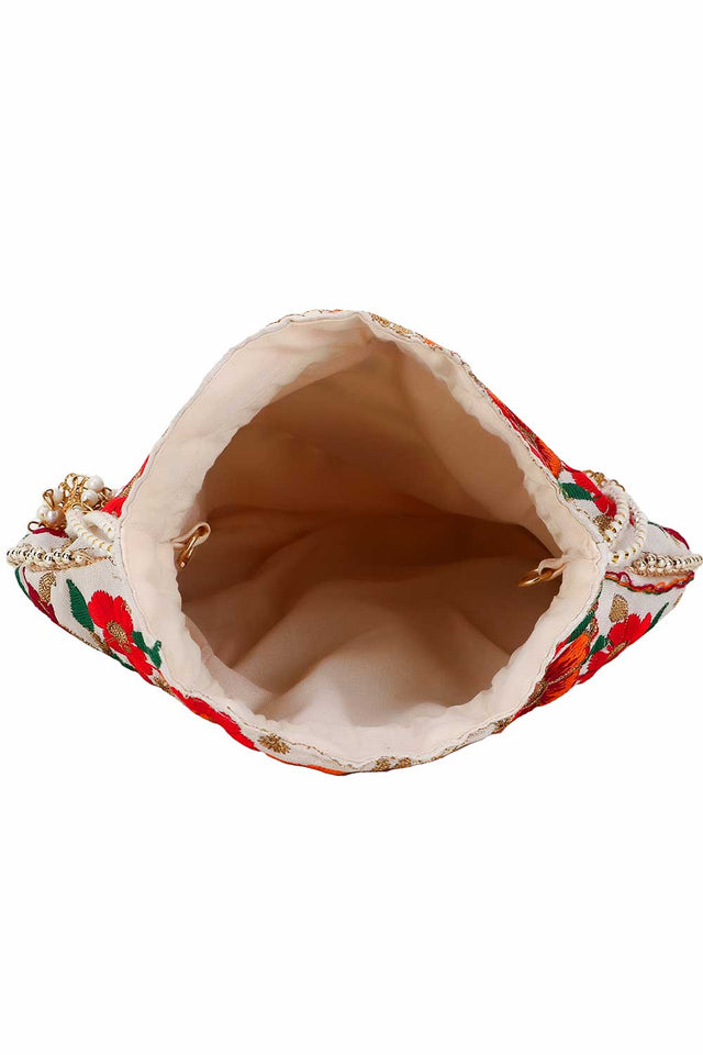 Cream And Multi Faux Silk Floral Embroidered Potli