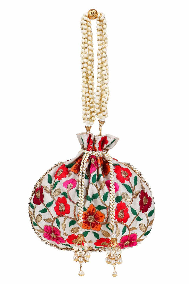 Cream And Multi Faux Silk Floral Embroidered Potli