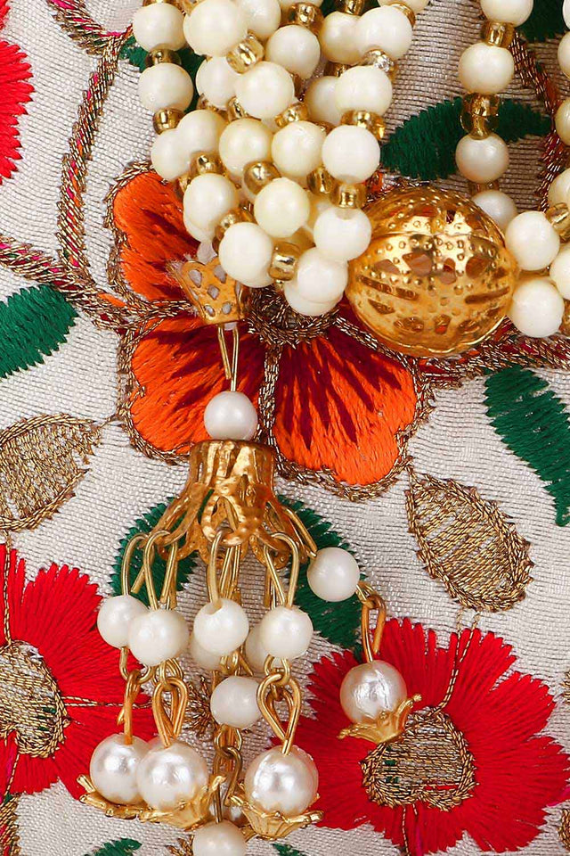 Cream And Multi Faux Silk Floral Embroidered Potli