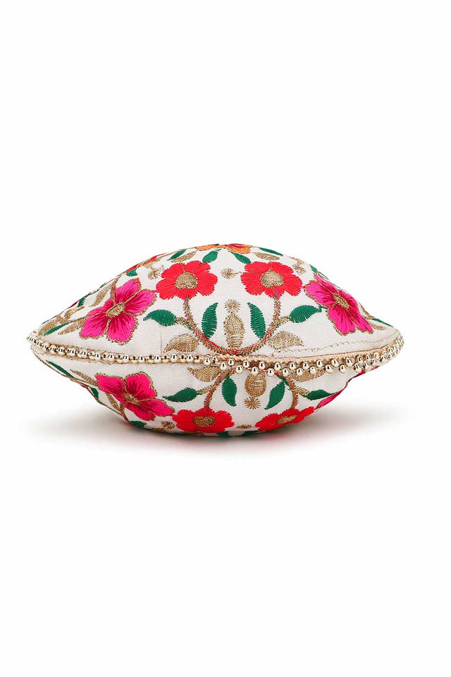 Cream And Multi Faux Silk Floral Embroidered Potli