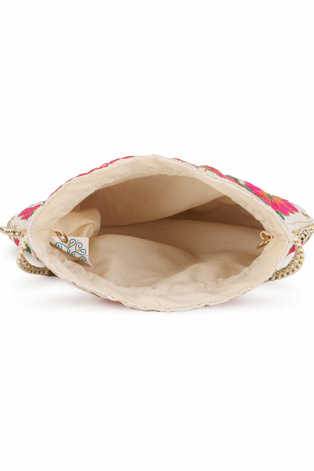 Cream And Multi Faux Silk Floral Embroidered Potli