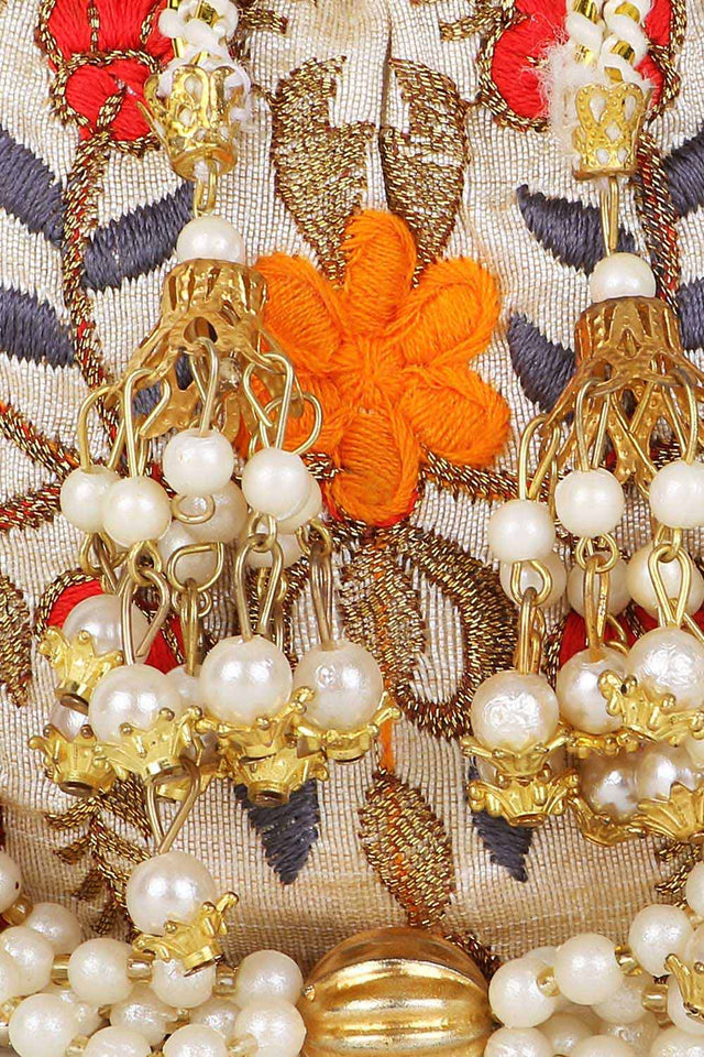 Cream And Multi Faux Silk Floral Embroidered Potli