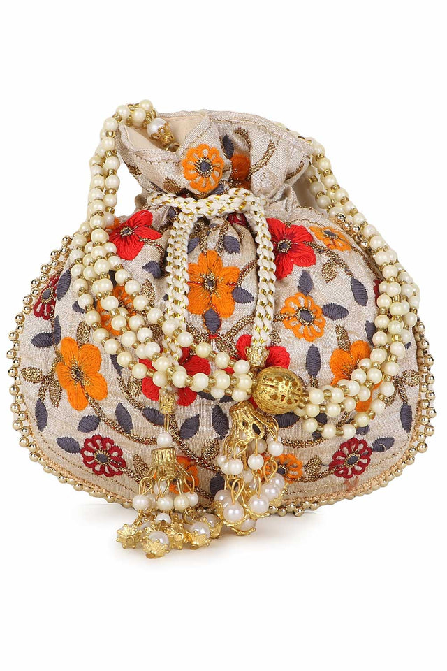 Cream And Multi Faux Silk Floral Embroidered Potli