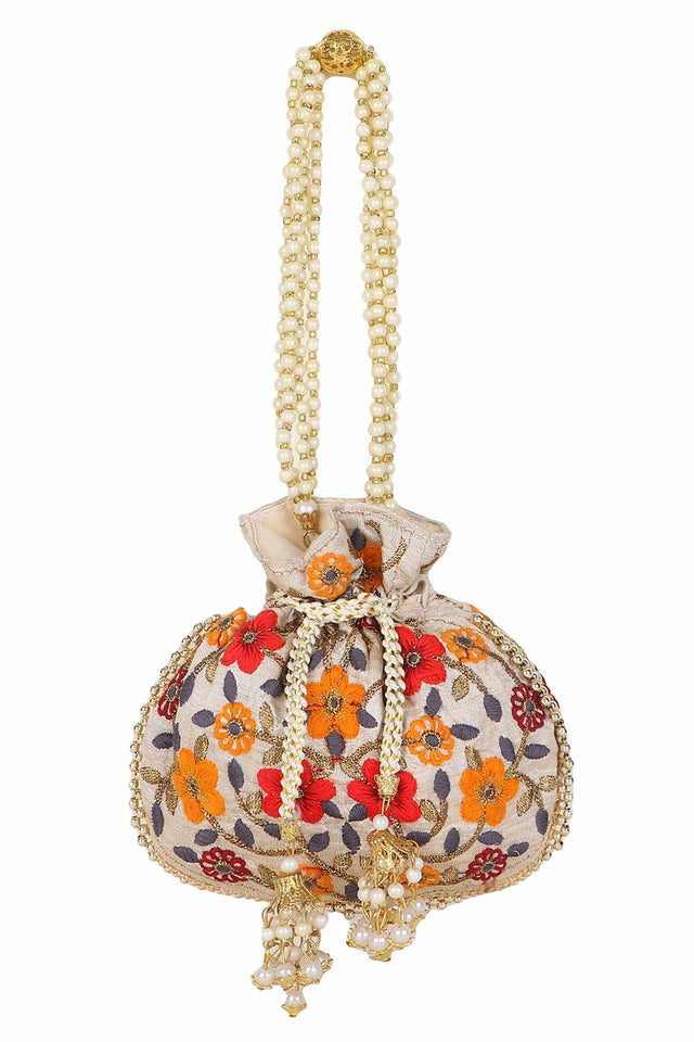 Cream And Multi Faux Silk Floral Embroidered Potli
