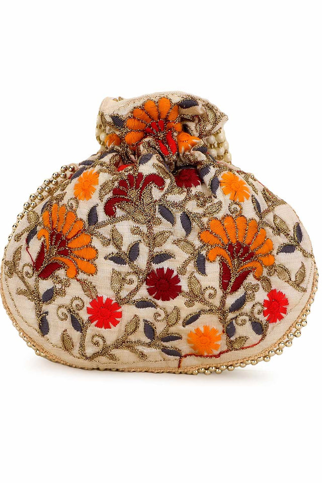 Cream And Multi Faux Silk Floral Embroidered Potli