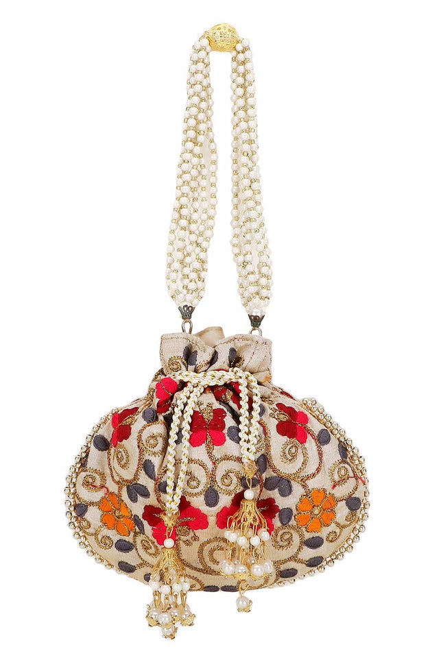 Cream And Multi Faux Silk Floral Embroidered Potli