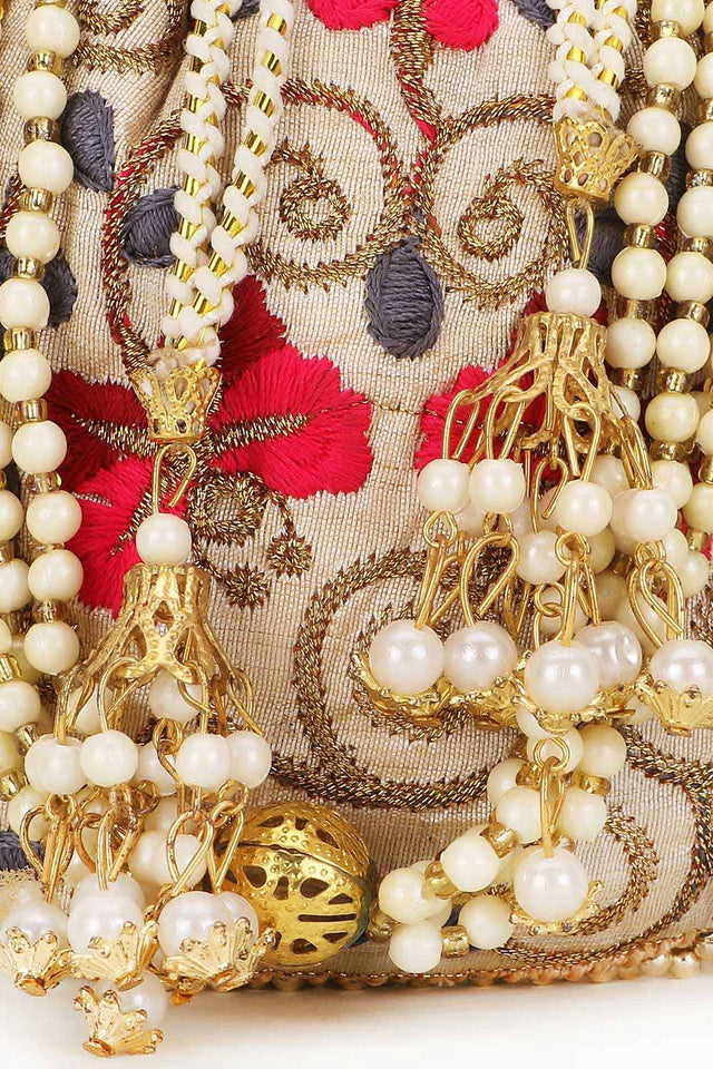 Cream And Multi Faux Silk Floral Embroidered Potli