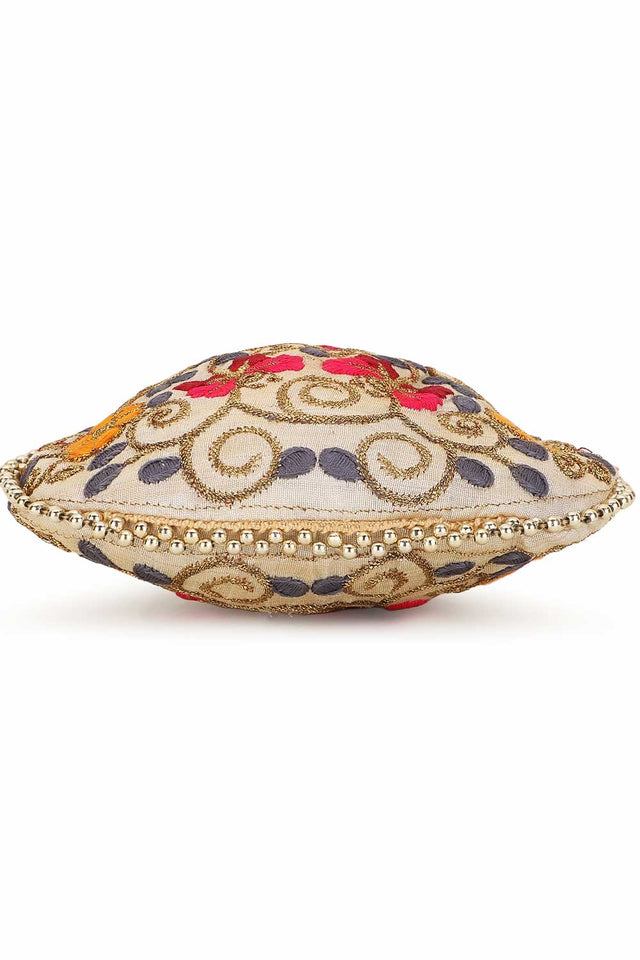 Cream And Multi Faux Silk Floral Embroidered Potli