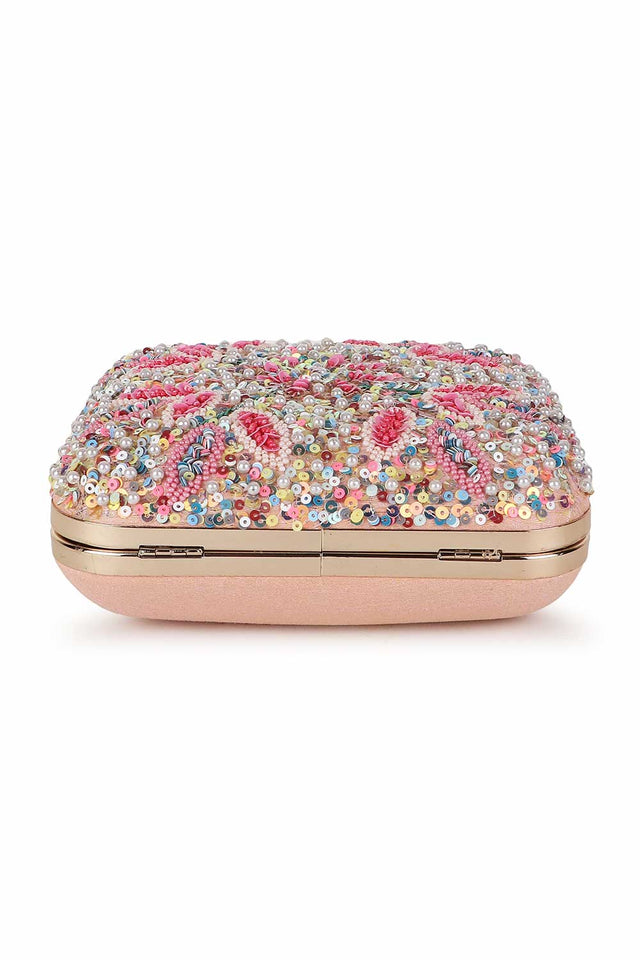 Pastel Pink And Multi Faux Silk Stone Embellished Clutch