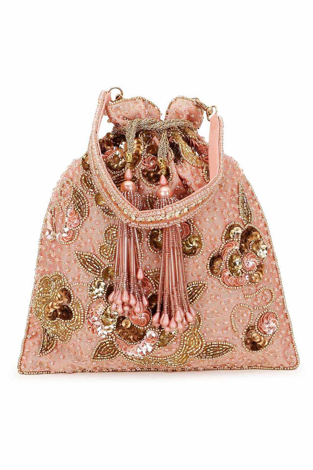 Dusky Pink And Gold Faux Silk Floral Embellished Potli