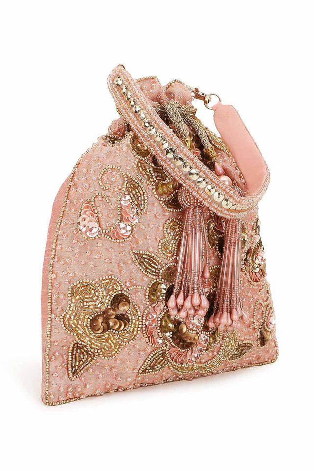 Dusky Pink And Gold Faux Silk Floral Embellished Potli