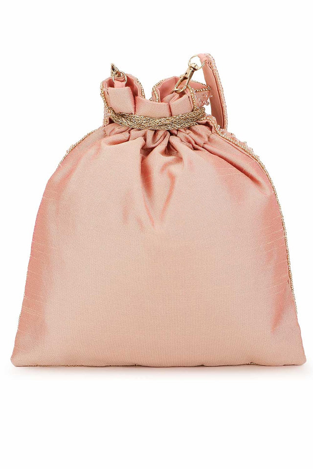 Dusky Pink And Gold Faux Silk Floral Embellished Potli