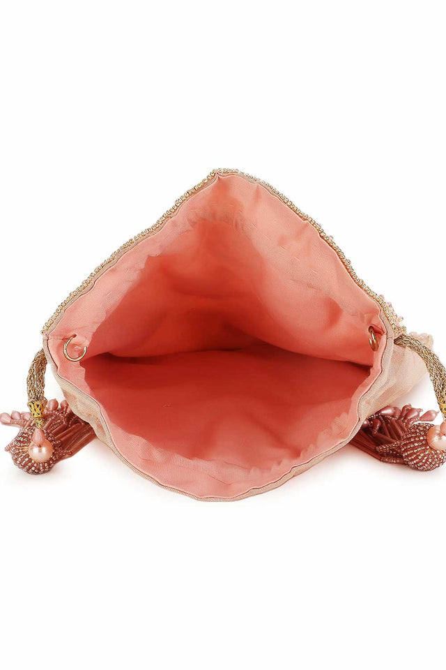 Dusky Pink And Gold Faux Silk Floral Embellished Potli