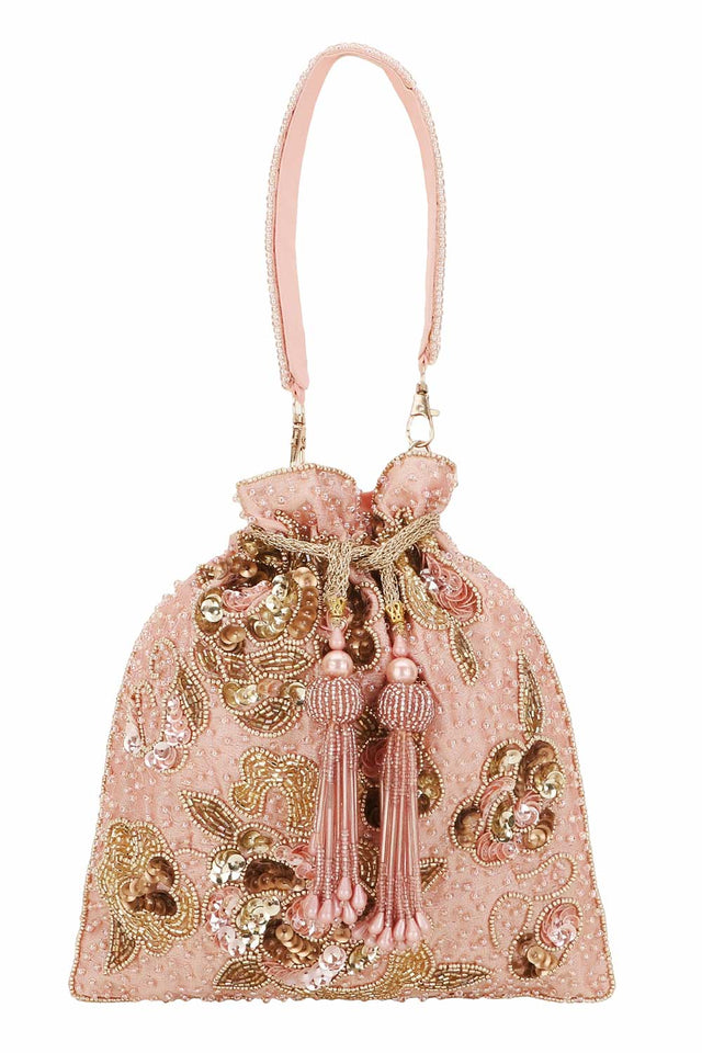 Dusky Pink And Gold Faux Silk Floral Embellished Potli