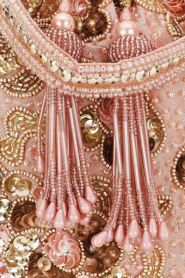 Dusky Pink And Gold Faux Silk Floral Embellished Potli