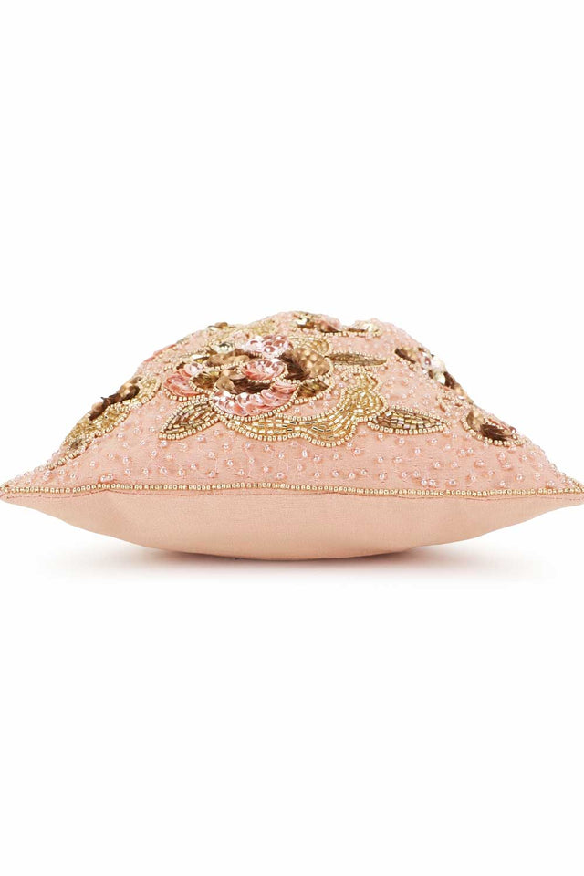 Dusky Pink And Gold Faux Silk Floral Embellished Potli