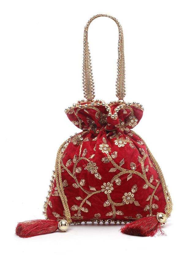 Red Faux Silk Floral Embroidered Potli