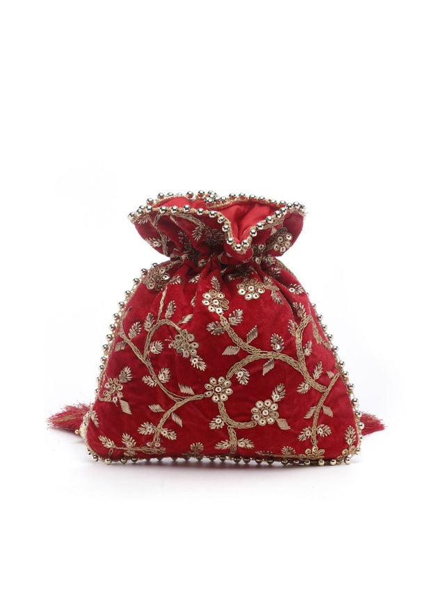 Red Faux Silk Floral Embroidered Potli