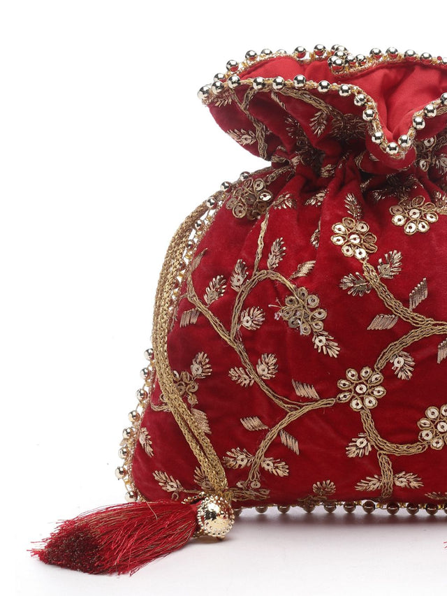 Red Faux Silk Floral Embroidered Potli
