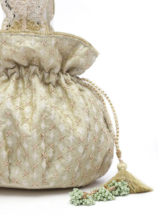 Green Faux Silk Ditsy Embroidered Potli