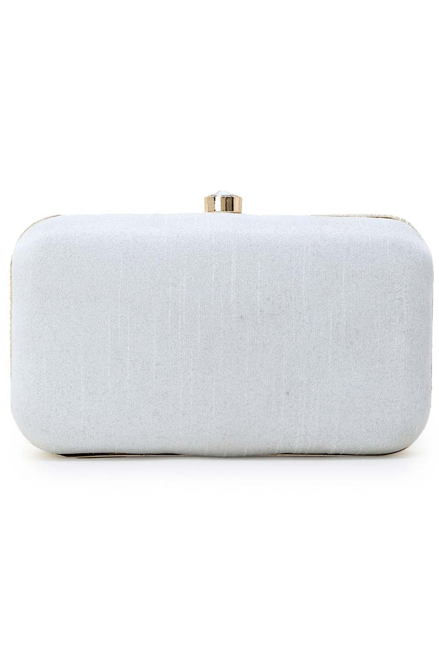 Adorn White & Gold Faux Silk Embellished Pearl Work Box Clutch