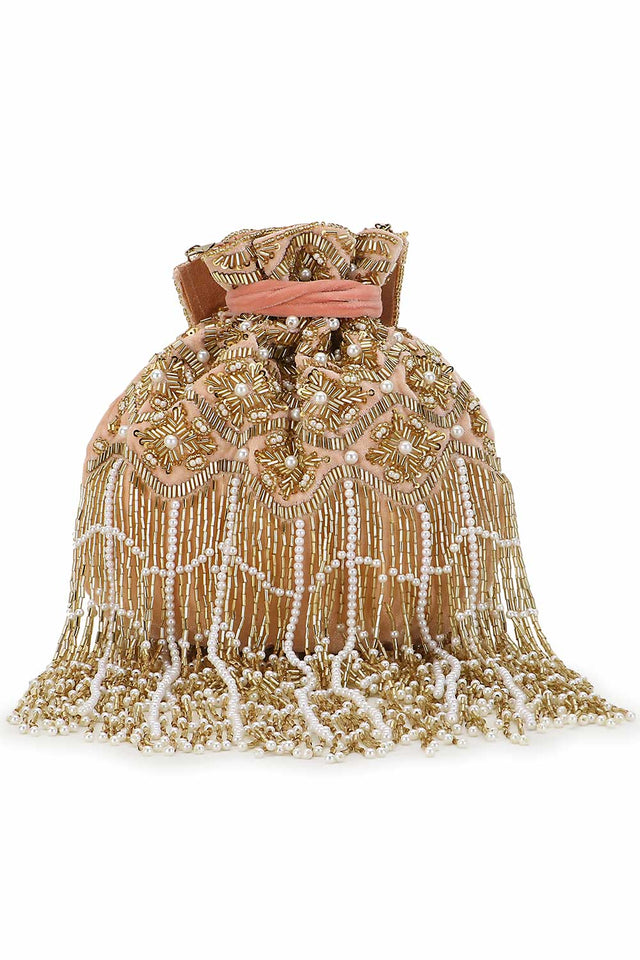 Peach And Gold Velvet Ogee Embellished Potli