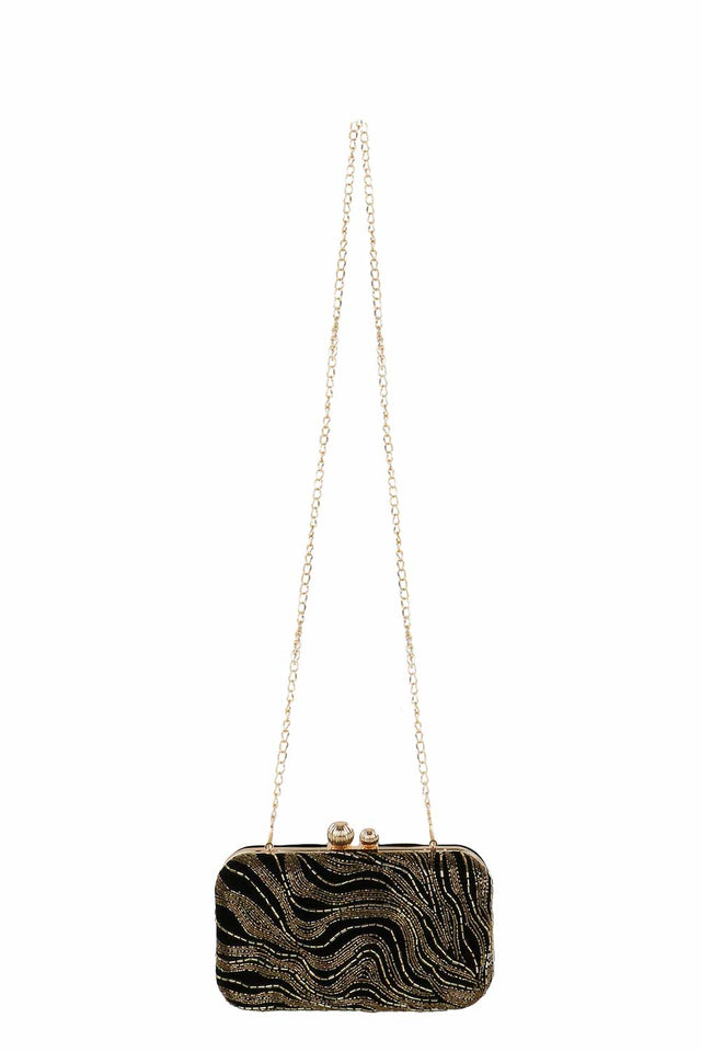 Black And Gold Velvet Abstract Embellished Clutch