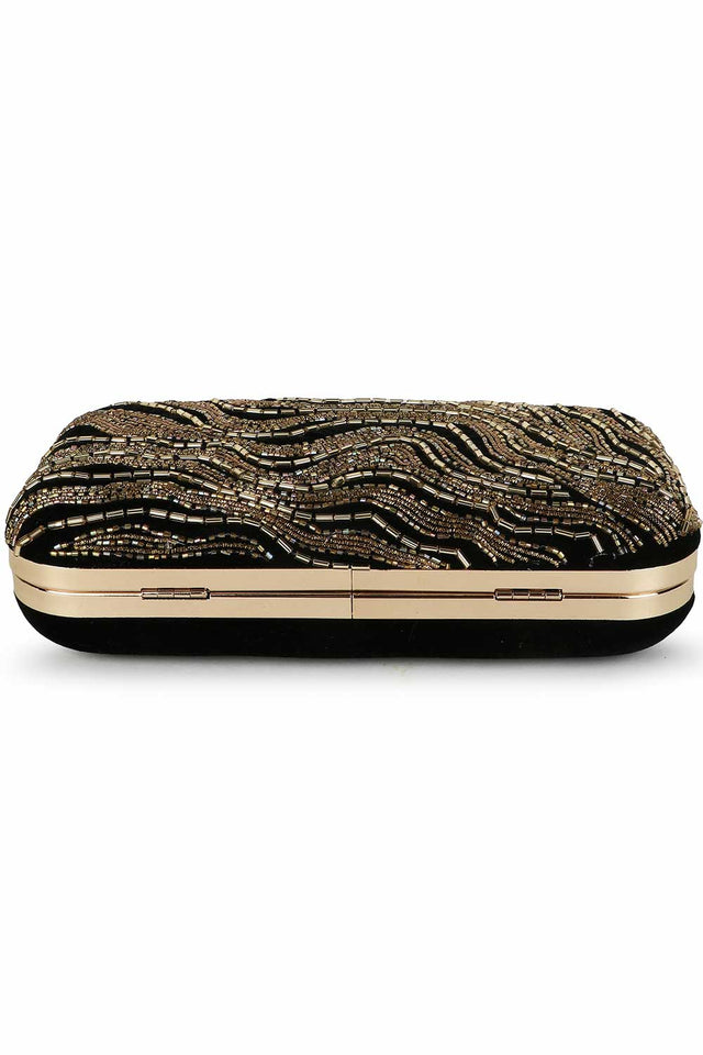 Black And Gold Velvet Abstract Embellished Clutch