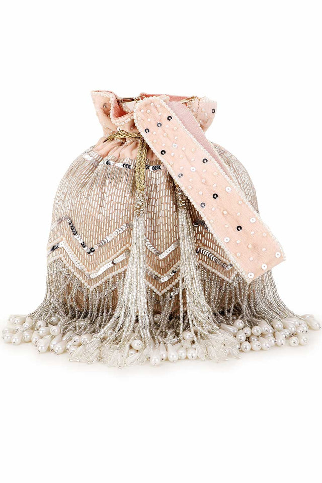 Peach And Silver Velvet Chevron Embellished Potli