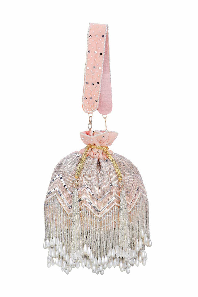 Peach And Silver Velvet Chevron Embellished Potli