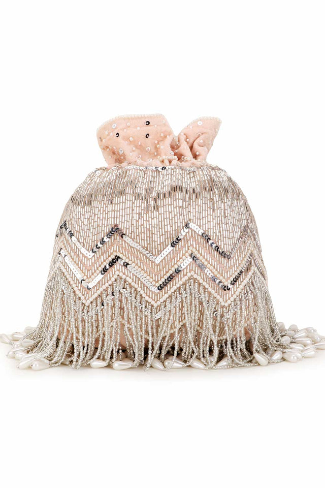 Peach And Silver Velvet Chevron Embellished Potli