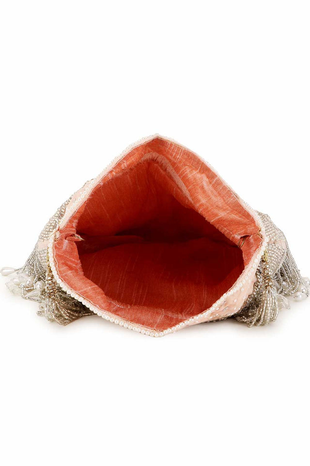 Peach And Silver Velvet Chevron Embellished Potli