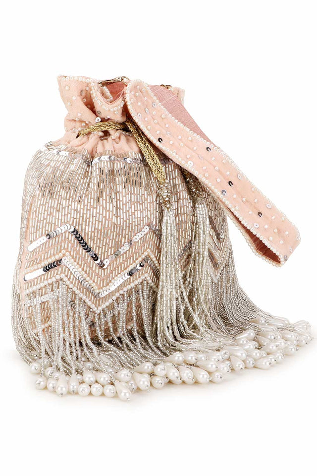 Peach And Silver Velvet Chevron Embellished Potli
