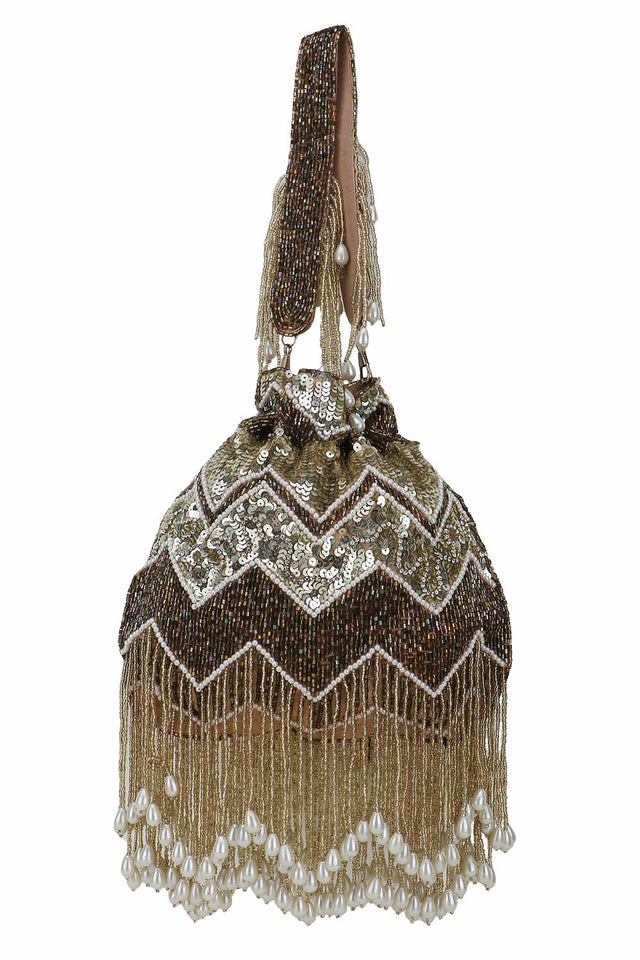 Gold And Copper Faux Silk Chevron Embellished Potli (ADCL2306A)
