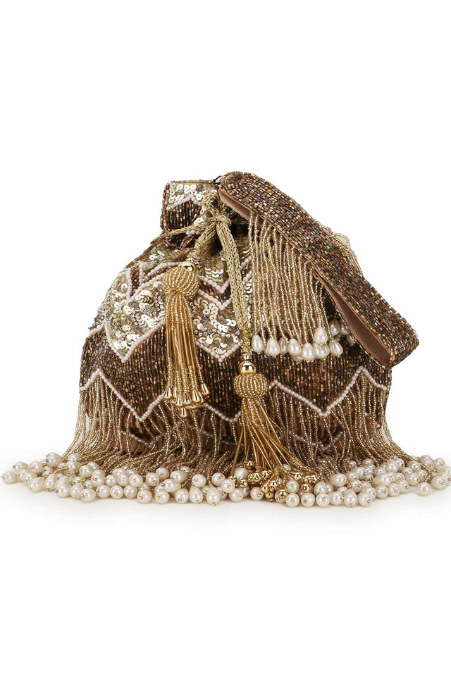 Gold And Copper Faux Silk Chevron Embellished Potli (ADCL2306A)