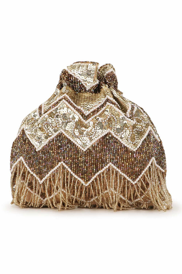 Gold And Copper Faux Silk Chevron Embellished Potli (ADCL2306A)