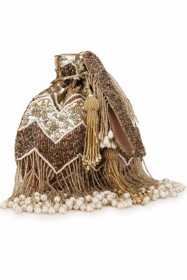 Gold And Copper Faux Silk Chevron Embellished Potli (ADCL2306A)
