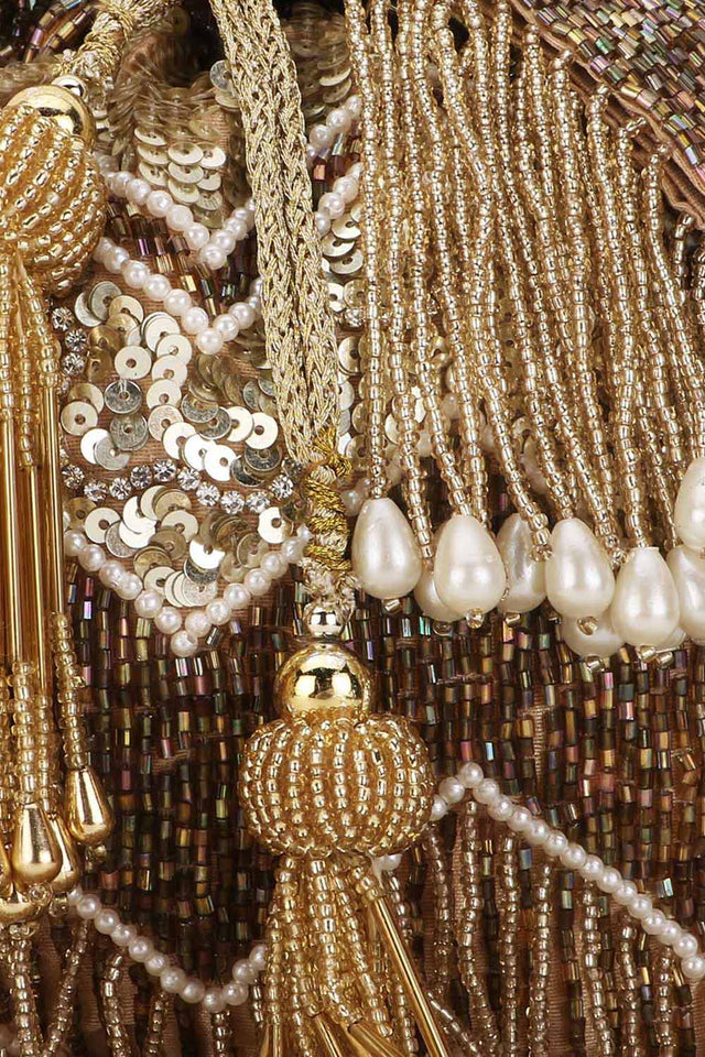 Gold And Copper Faux Silk Chevron Embellished Potli (ADCL2306A)