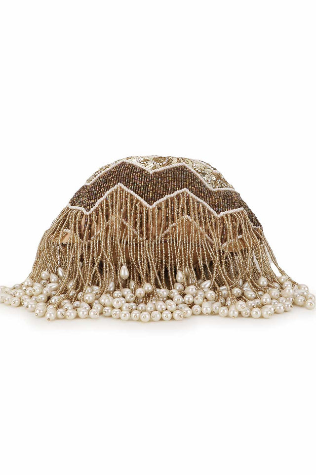 Gold And Copper Faux Silk Chevron Embellished Potli (ADCL2306A)