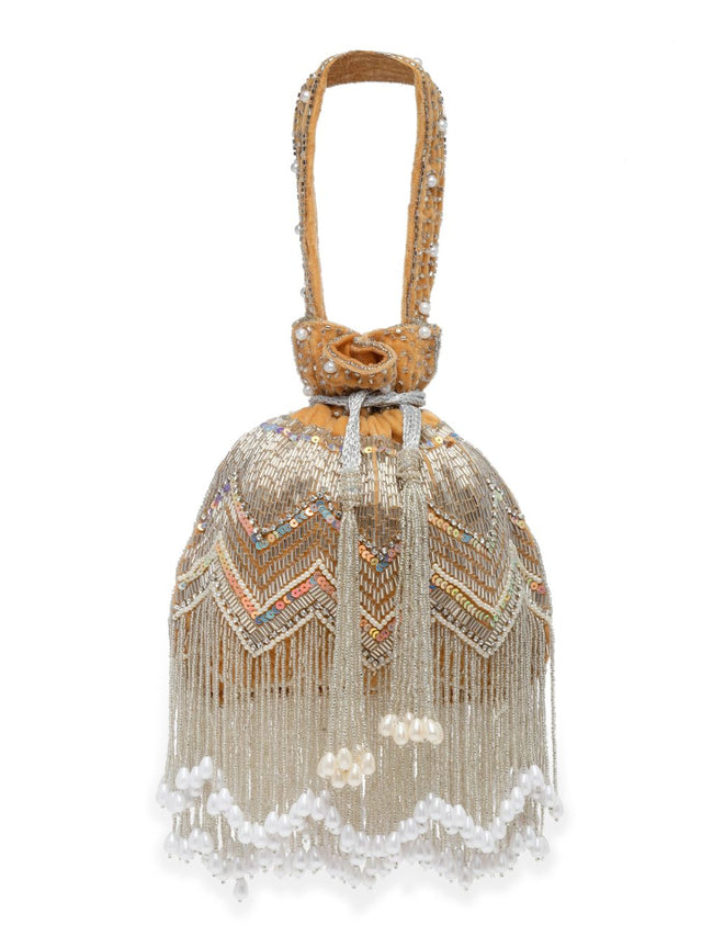 Beige Velvet Chevron Embellished Potli