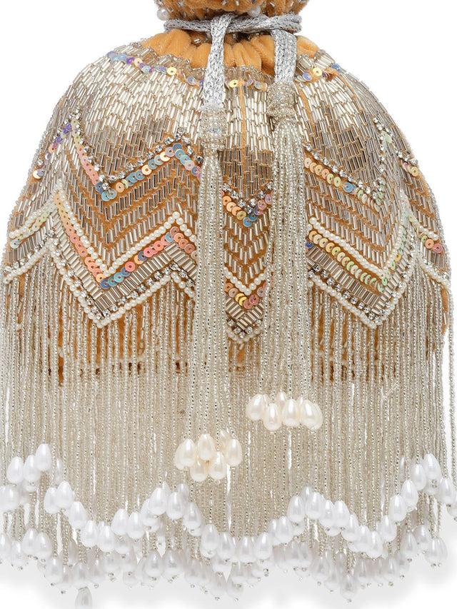 Beige Velvet Chevron Embellished Potli