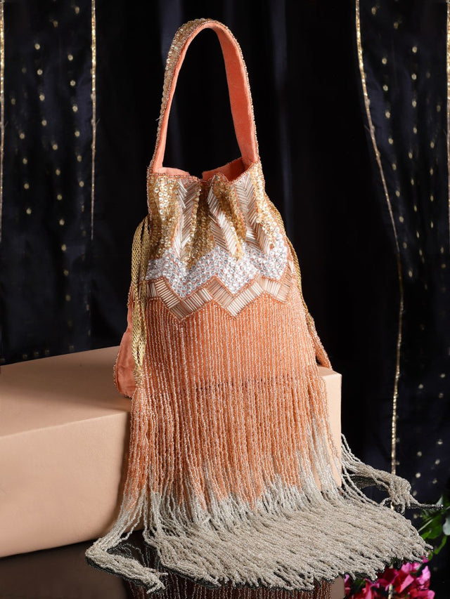 Coral Faux Silk Chevron Embellished Potli